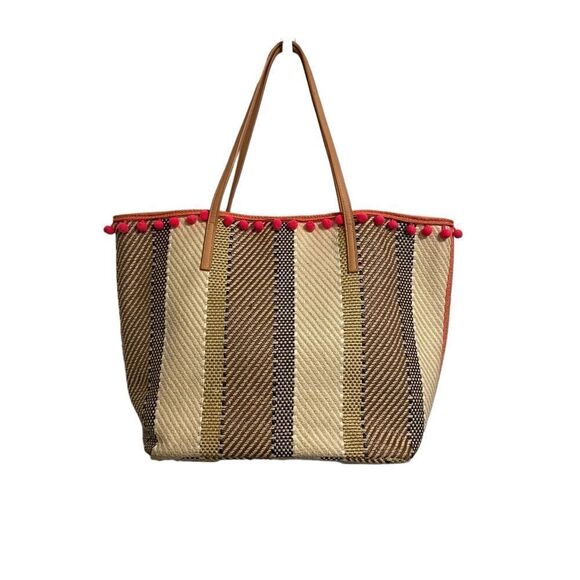 Sondra Roberts Squared Two Piece Woven Pom Pom Tote Bag - Picture 4 of 5
